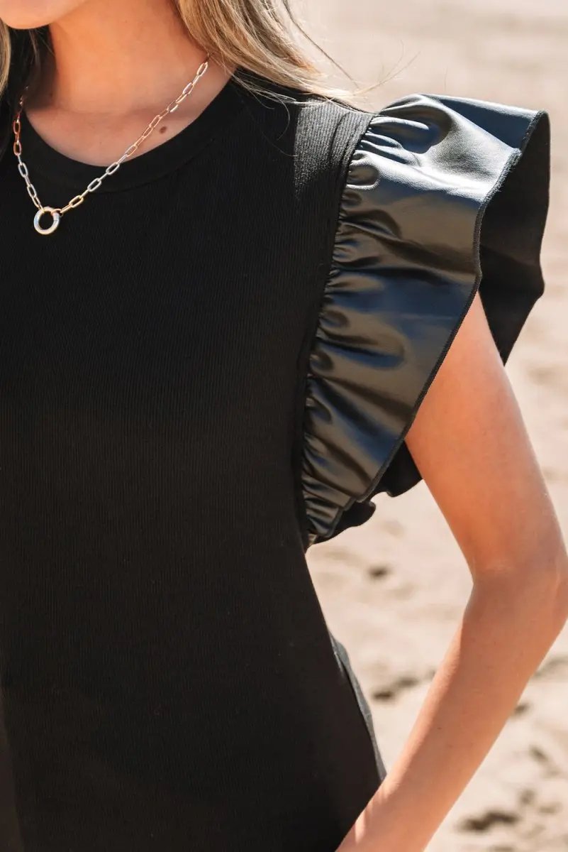 Black Leather Ruffle Sleeve Patchwork Round Neck Blouse - Love Salve